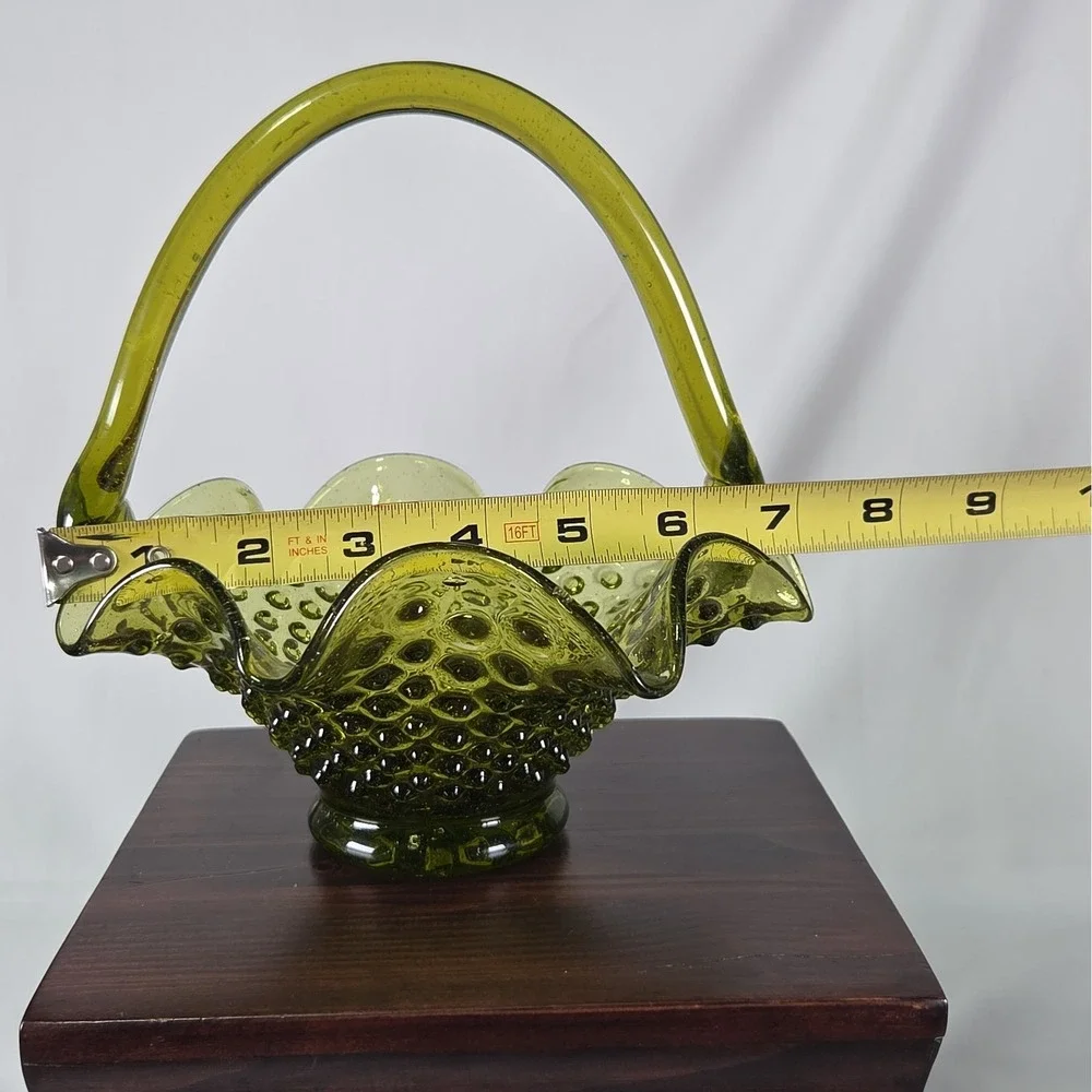 Vintage Fenton Hobnail Ruffle Glass Basket Green